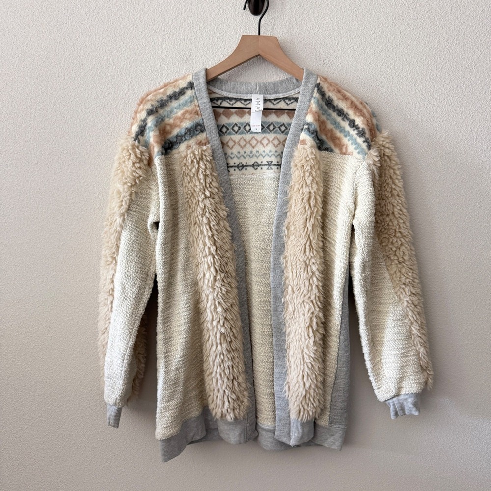 AMADI Anthropologie Women Cardigan Sweater Boho Fair‎ Isle Mixed Media Size S